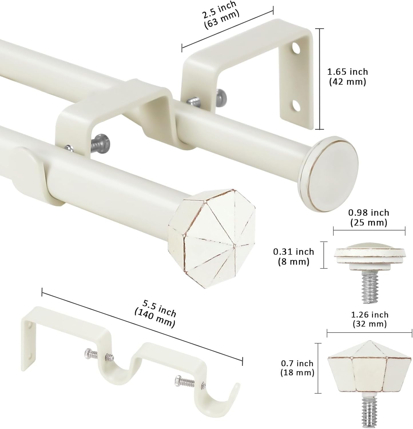 eTeckram 5/8" Double Curtain Rod with Chiodo Finials,Weathered White,28‘’-48‘’