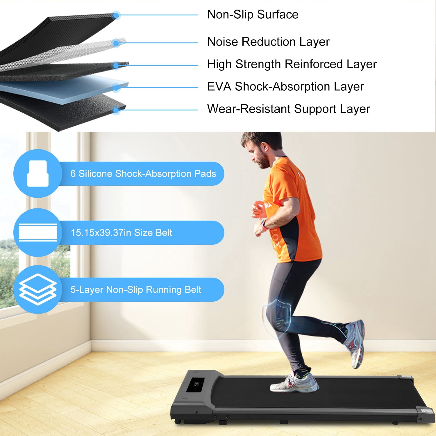 Moclever 2 in 1 Under Desk Folding Treadmill 1-10km/h Walking Pad with Remote Control Wireless App Control Free Installation Jogging Machine for Home Office, Black