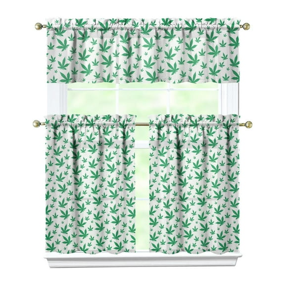 Set of 3 Kitchen Curtains - Psychedelic Weed Leaf Print, Short Rod Pocket Curtains with Valance, Light Filtering Window Treatment Panels