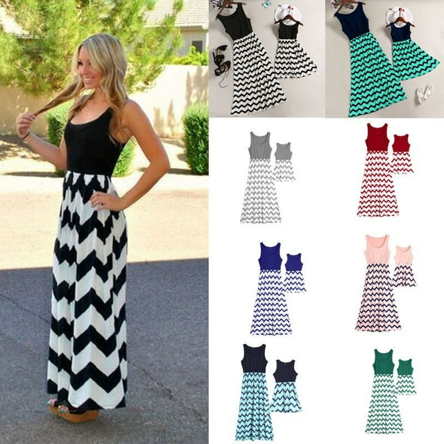 Tenue d'Été Tendance Sans Manches pour Mère et Fille, Robe Maxi Bohème à Rayures, Montage
