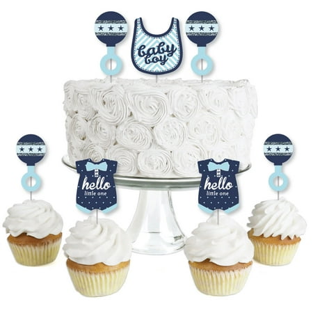 Hello Little One - Blue and Silver - Boy - Dessert Cupcake Toppers - Baby Shower  Clear Treat Picks - Set of 24