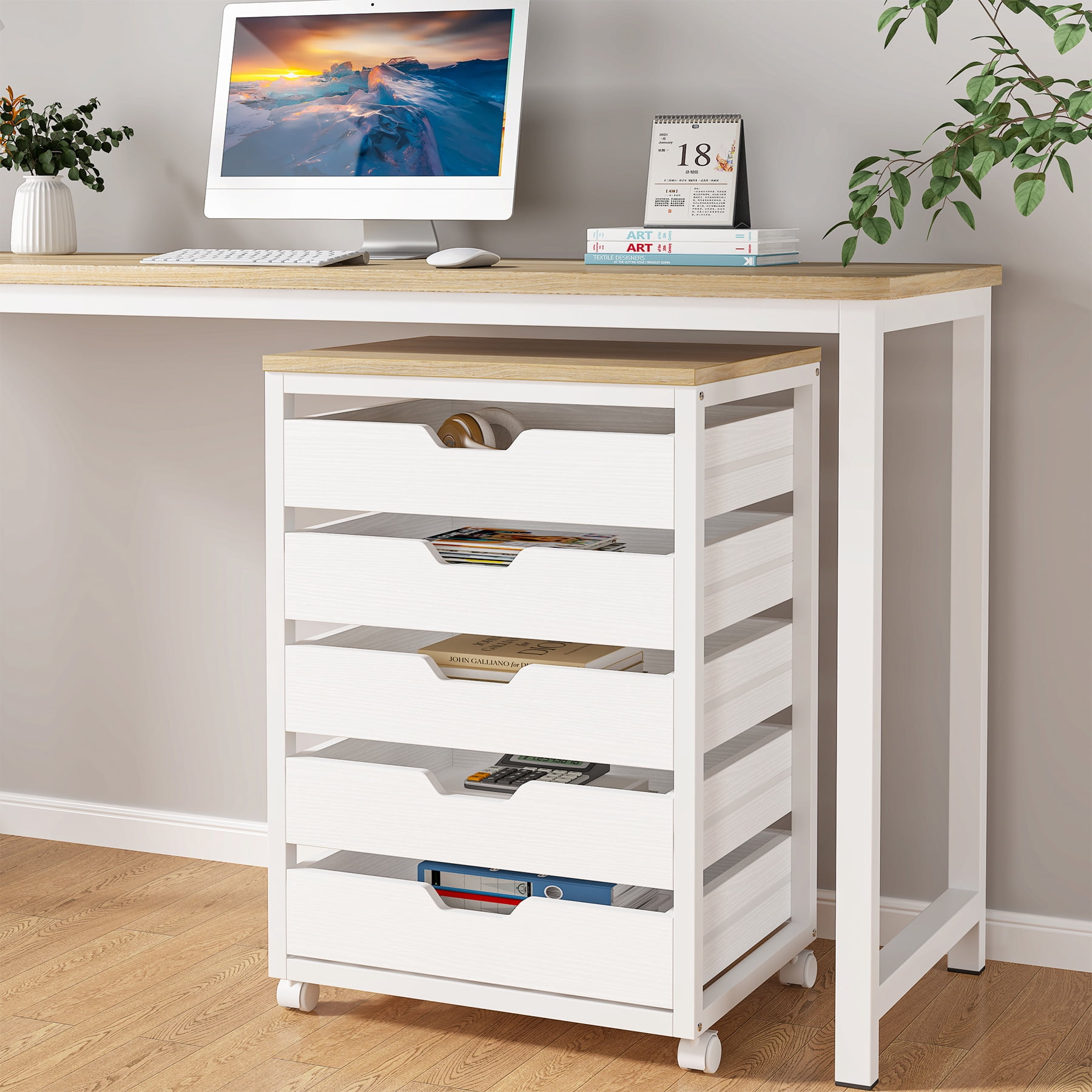 Tribesigns Modern 5-Drawer Dresser for Bedroom, Small Portable Chest of Drawers with Wheels and Metal Frame for Living Room, White