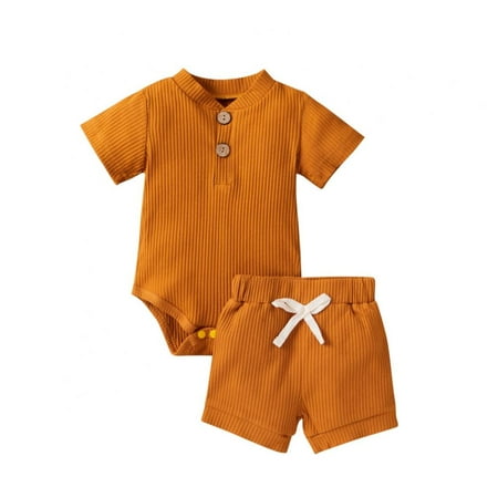 

Summer Newborn Baby Boy Girl Clothes Set Ribbed Outfits Unisex Infant Solid Cotton Button Short Sleeve Tops Shorts 2PCS