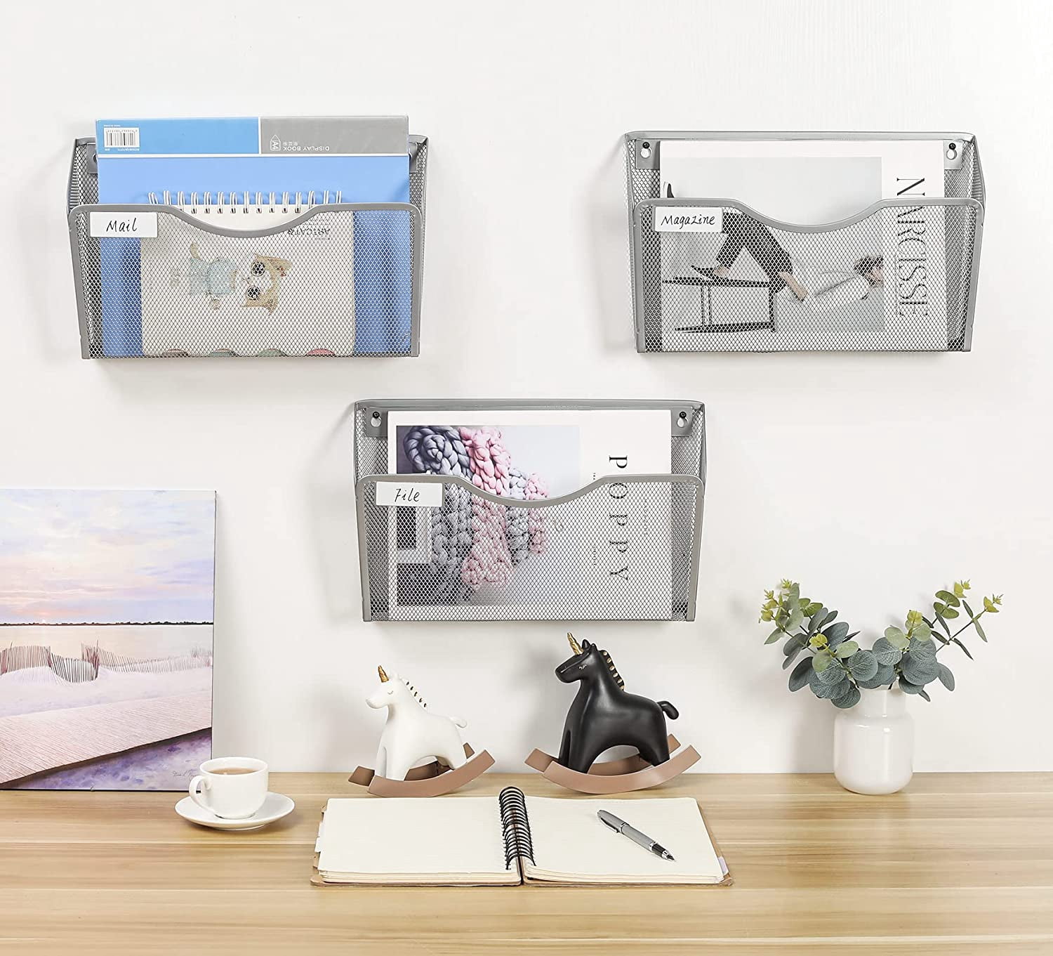 Wall Mount File Organizer Single Pocket Vertical Hanging File Folders Holder Paper Rack for Office Home, Silver