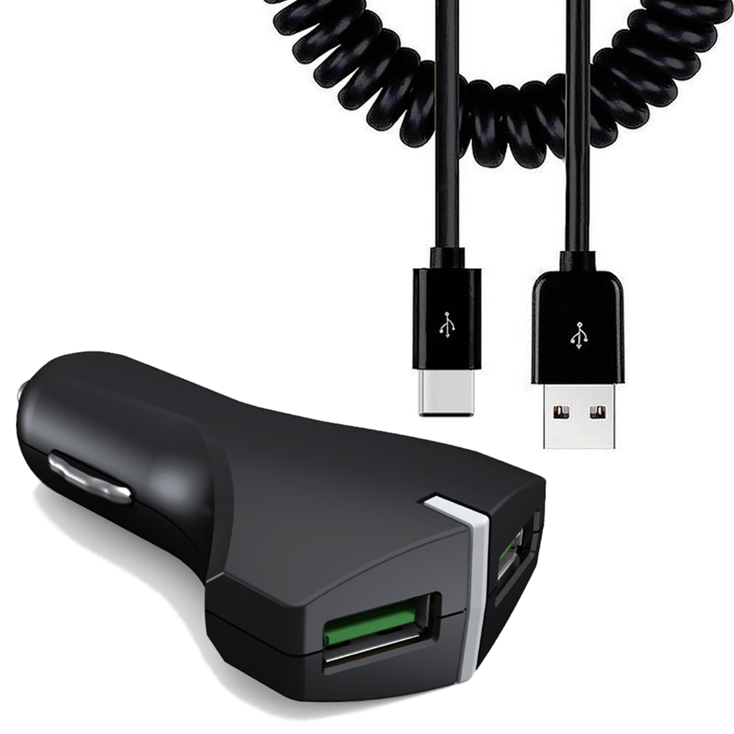 36W Fast Car Charger for Samsung Galaxy S24 FE - 2-Port USB Coiled Cable Type-C Quick Charge DC Socket for Galaxy S24 FE