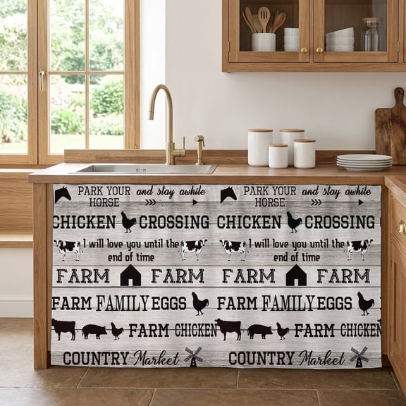 Farmhouse Cabinet Curtains for Kitchen 32"W x 55"L, Country Barn Animal Cow Pig Chicken Brown Wood Grain Pantry Curtain Skirt Magic Tape Short Curtains Decor Privacy Panel for Utility Closet Bathroom