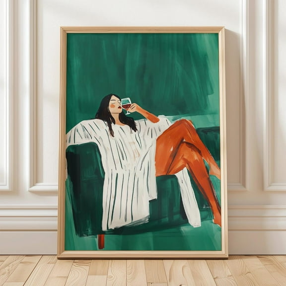Modern Woman Relaxing Wall Art - Wine Glass Illustration For Living Room Decor - Abstract Minimalist Green And Orange Print Wall Art, Modern Wall Decor, 8x12 UNFRAMED