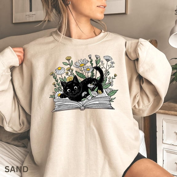 Halloween Cute Cat Book Sweatshirt, Bookish Sweatshirt, Book Lover Shirt, Gift for Cat Lover, Librarian Gift, Floral Cat Shirt