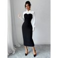 thumbnail image 6 of Black And White Two-Tone Long-Sleeve Midi Dress With Collared Shirt Top And Fitted Black Skirt, 6 of 6