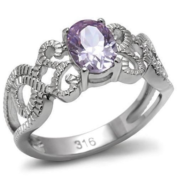 Womens Silver Rings High polished (no plating) Stainless Steel Ring with AAA Grade CZ in Light Amethyst TK079
