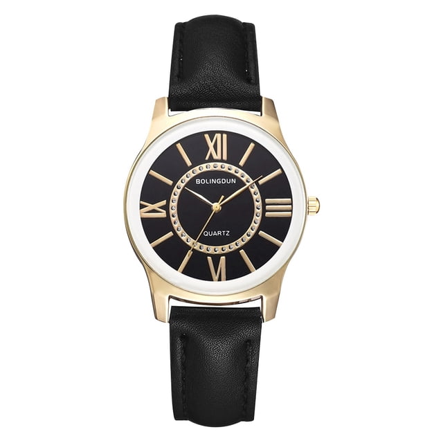 Reloj de pulsera informal con números romanos y reloj de cuero PU con caja de aleación para mujer (oro negro femenino)