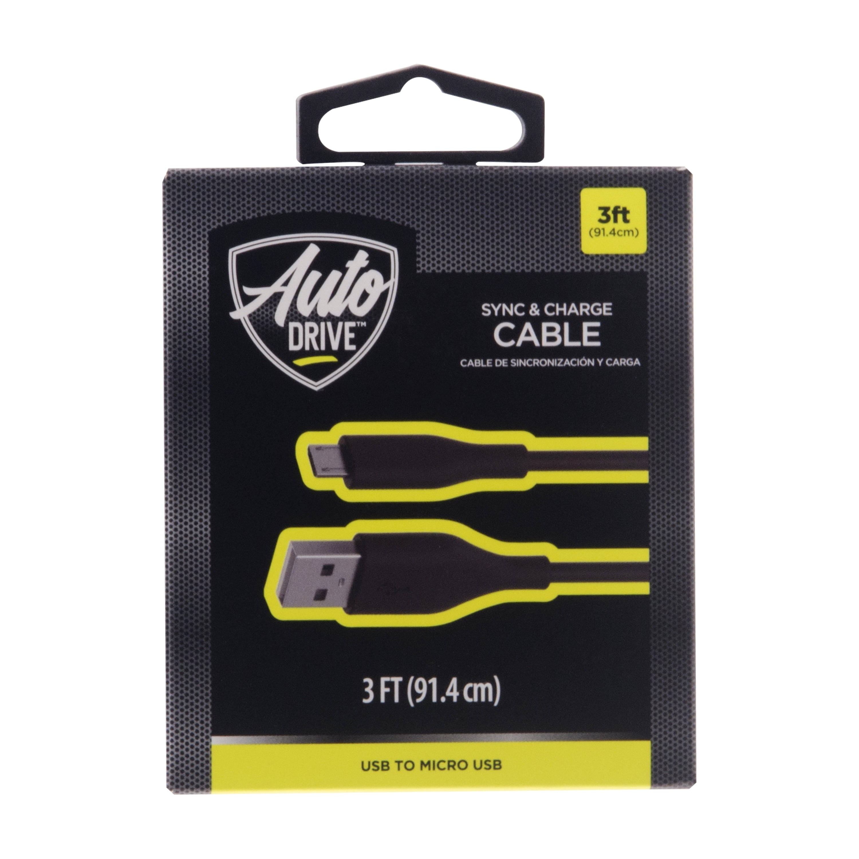 Auto Drive Universal Sync and Charge Micro-USB to USB Cable, 3 ft, Black, AD19MCR03