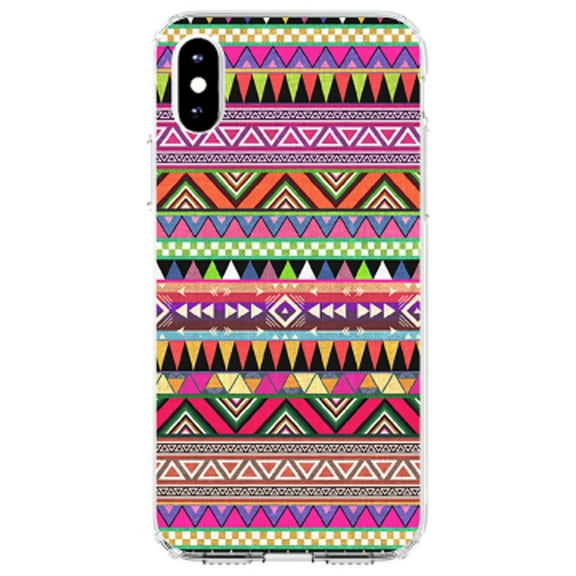 DistinctInk Clear Shockproof Hybrid Case for iPhone X / XS (5.8" Screen) - TPU Bumper, Acrylic Back, Tempered Glass Screen Protector - Pink Blue Orange Tribal Print