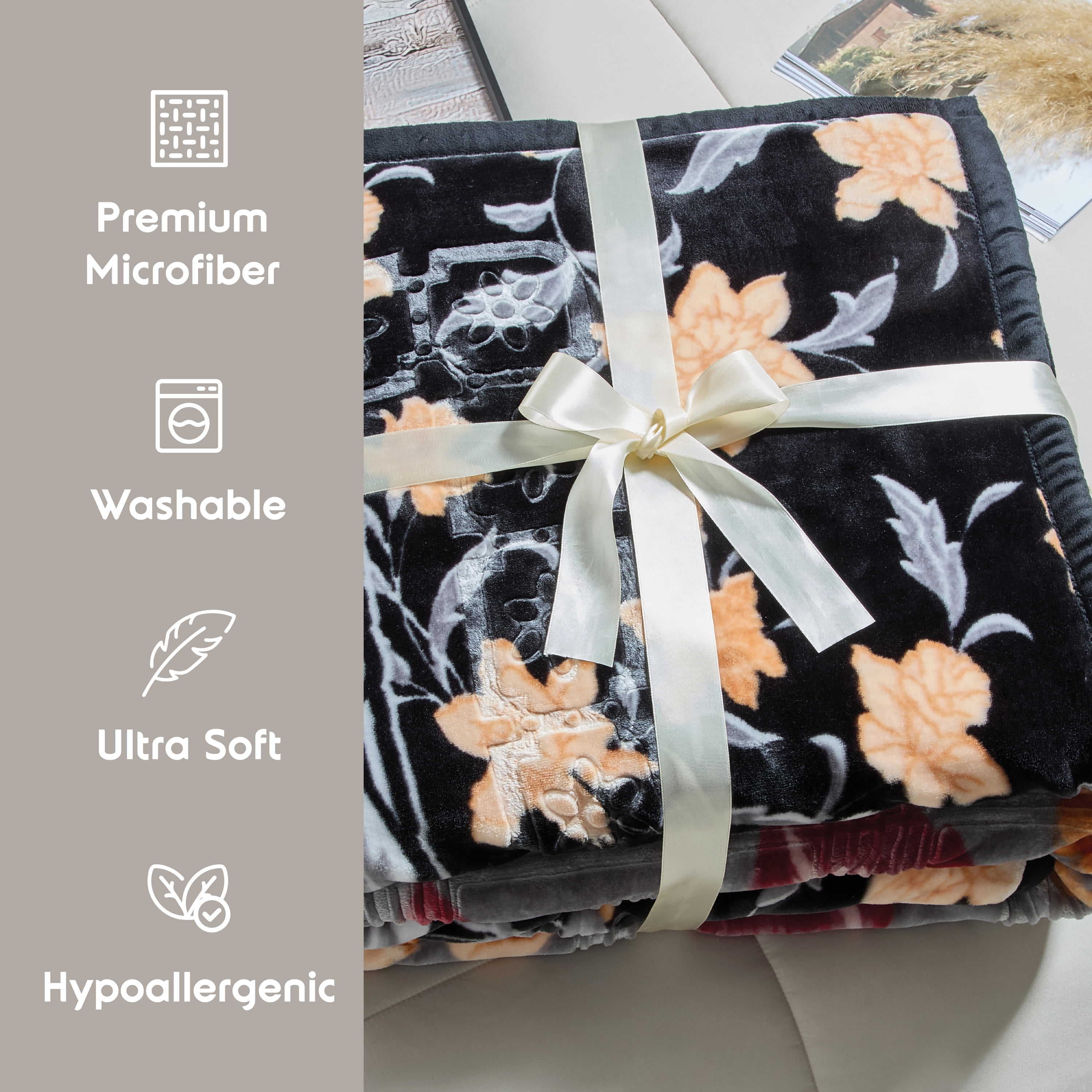 Lammaloe Queen Size Korean Mink Fleece Blanket for Winter, 9 lbs, 79" x 94", Heavy 2-Ply Warm Heavyweight Raschel Bed Blankets, Reversible Printed, Black & gray