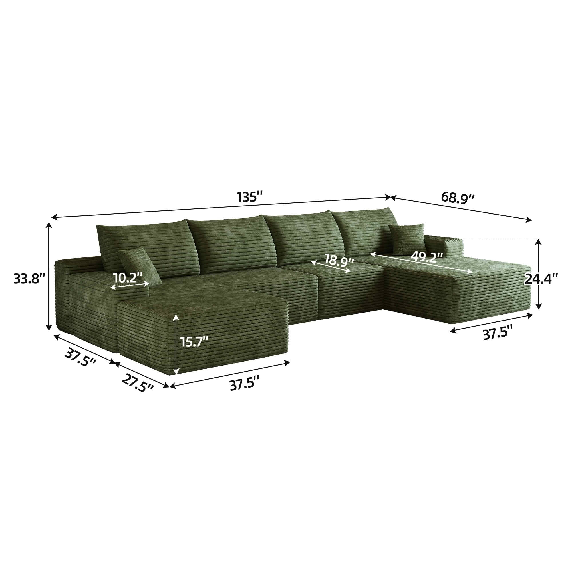 MAYEERTY 135" U-Shaped Modular Cloud Sofa, Plush Corduroy Corner Couch with Ottoman, Deep Seat Leisure Sofa No Assembly for Indoor Use