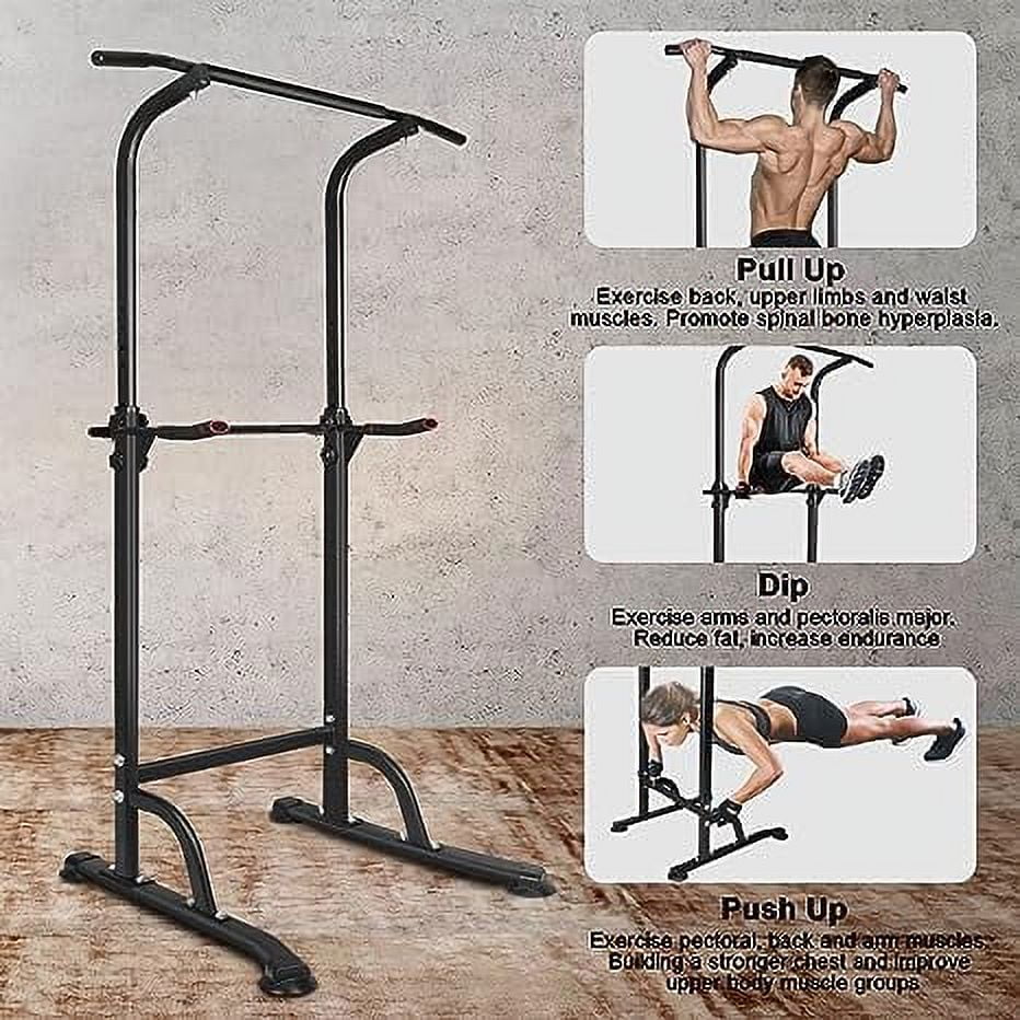 Height Adjustable Power Tower Dip Station, Multi-Function Pull Up Bar with PU Pads, Heavy Duty Steel Fitness Equipment Max 330LBS for Home Gym Full Body Strength Training
