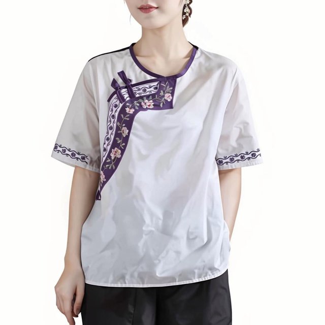 V Cuello Blusas para las Mujeres, de Moda Retro Bordado Cuello Redondo Cinco Cuartos de Manga para el Uso Casual