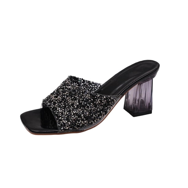 Sandalias de Mujer Cómodas Glitter Peep Toe Mules, Bloque de Talón Sandalias Transparentes de Cristal Verano