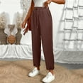 thumbnail image 4 of Linen Pants Womens Ankle Length Elastic Waist Wide Leg Drawstring Gauchos Pants High Waisted Pull on Business Trousers Coffee S, 4 of 6