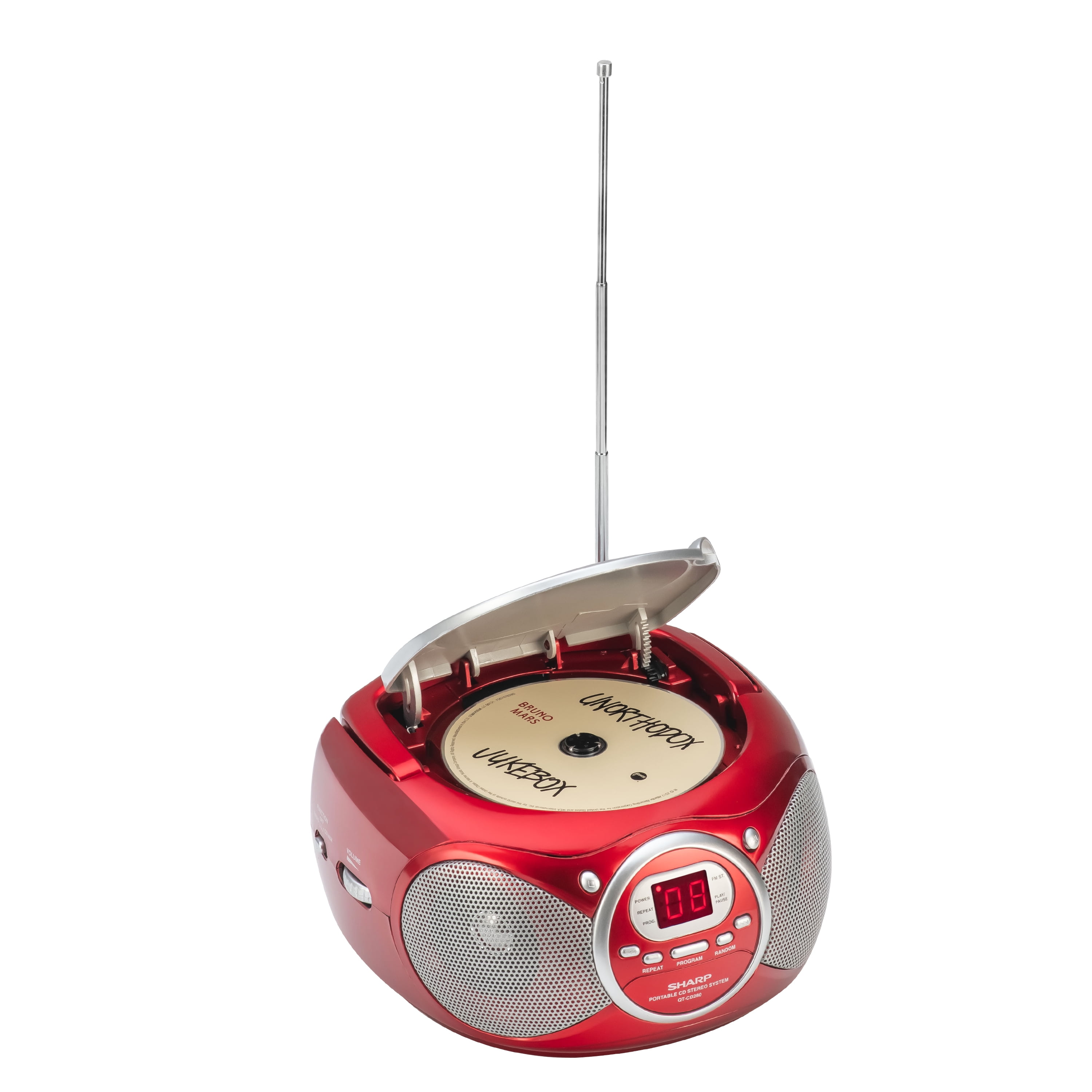 Sharp QT-CD280(RD) Portable CD Boombox with AM/FM Stereo Radio & Aux Input – Battery Powered, Red