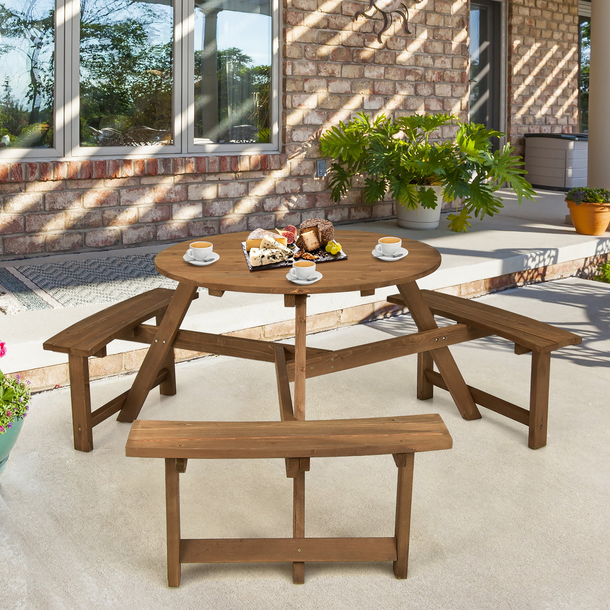 Costway 6 Person Adults Patio Wood Picnic Table Outdoor Round with Umbrella Hole and Benches Walmart