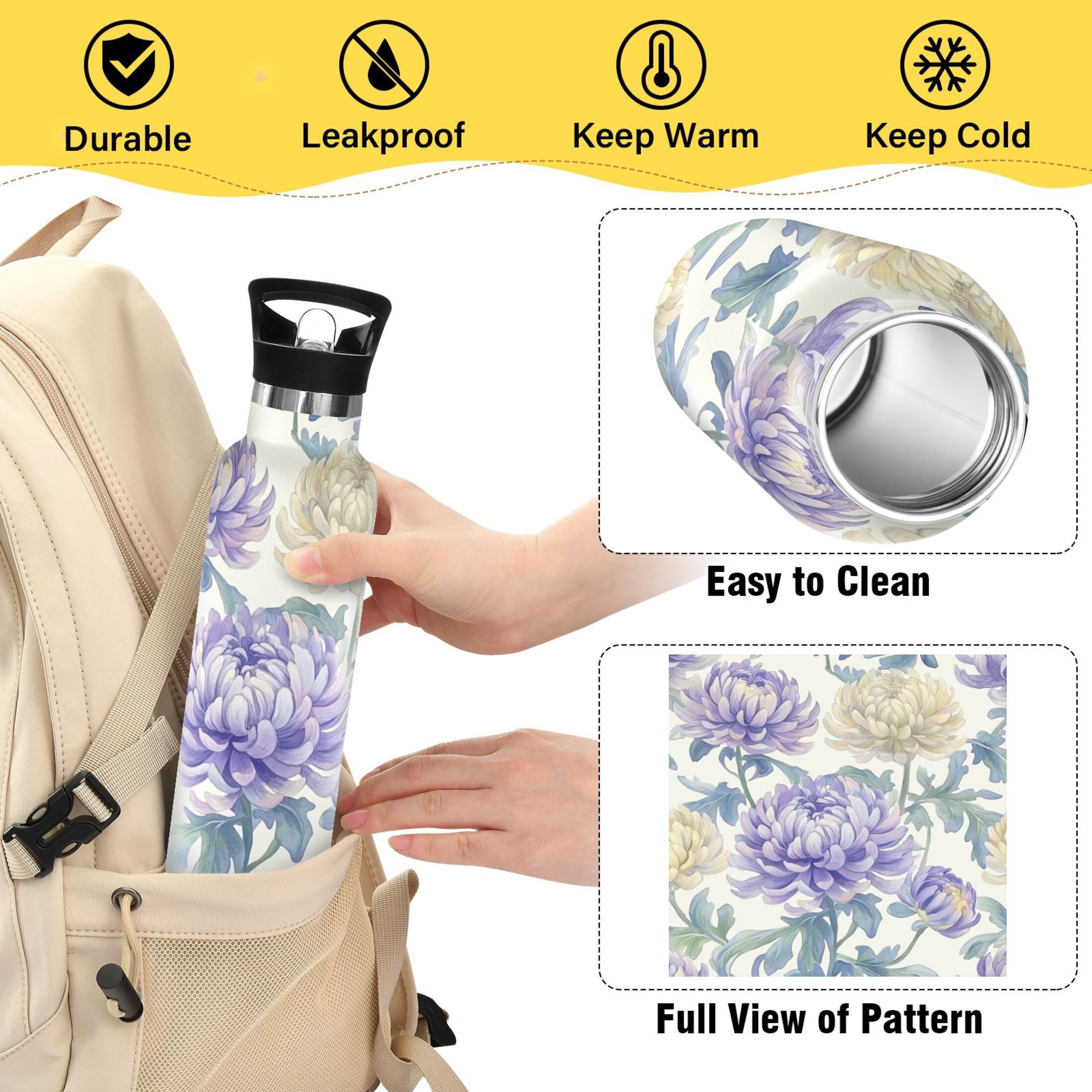 600ML Stainless Steel Insulated Cup Sports Water Bottle Portable Thermos Cup Water Glasses Insulated Tumblers Convenient and Durable Lavender Chrysanthemums