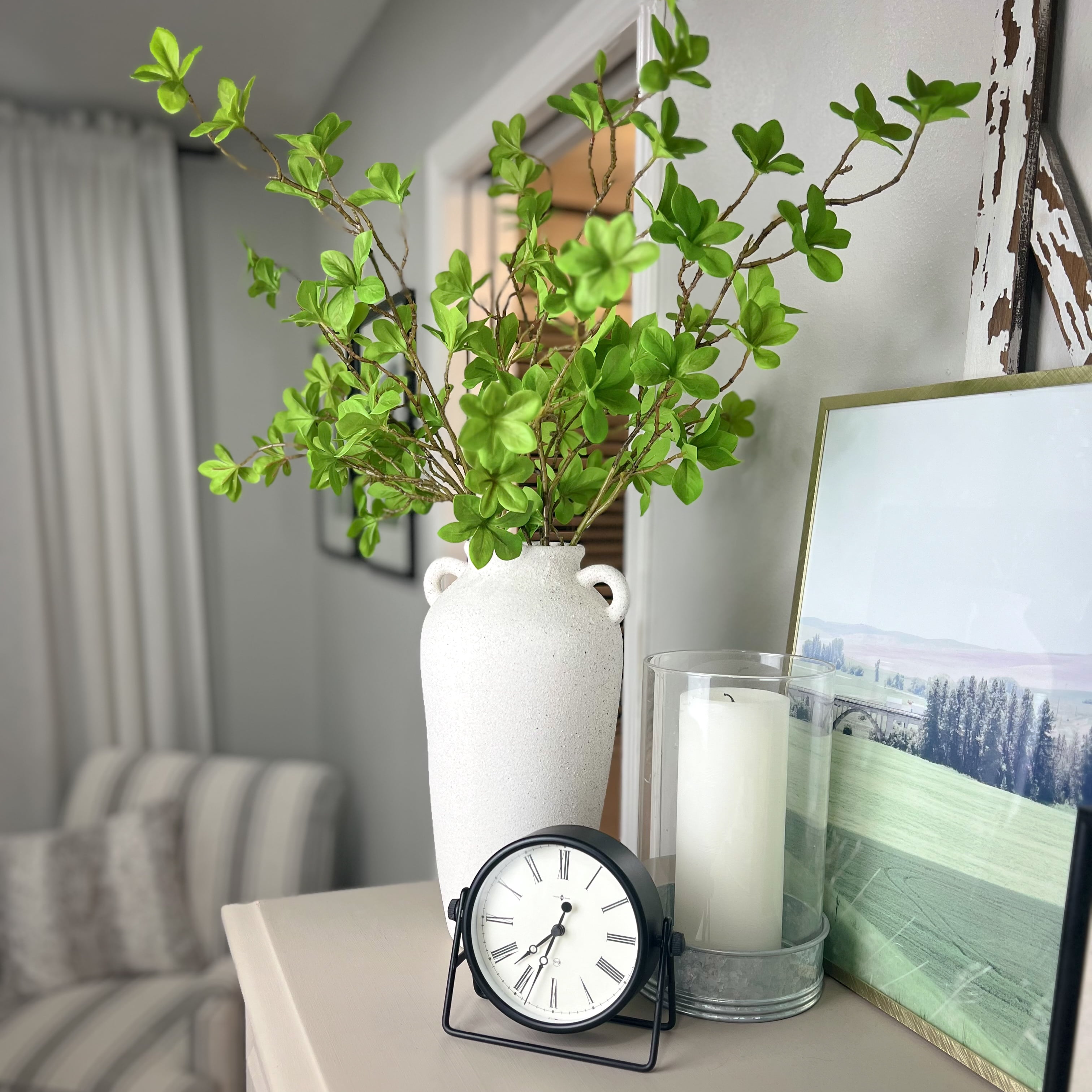 Laurel&Vine 12" Tall White Ceramic Vase, Speckled Textured Minimalist Jug, 5 Stems of 25" Faux Vibrant Artificial Greenery Branches, Farmhouse Console Table Centerpiece Decor, Fake Stems Plant