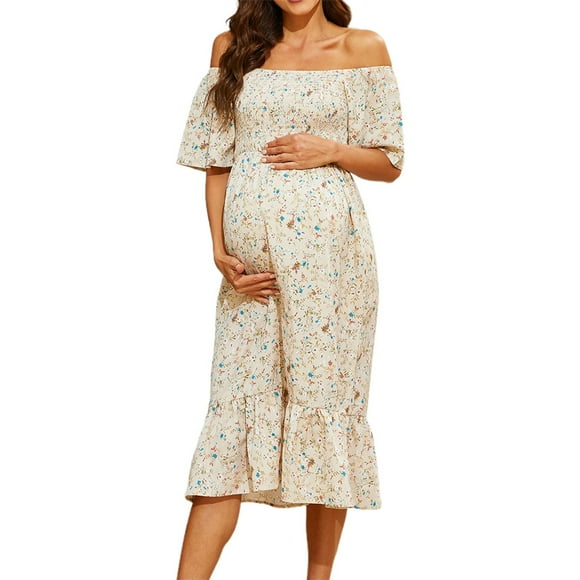 MEZZALL Robe Femme Florale à Encolure Carrée Robes Midi Robe de Maternité Enceinte Décontractée Robe Trapèze Longue Fluide à Smocks Coupe Décontractée Tenue Quotidienne L