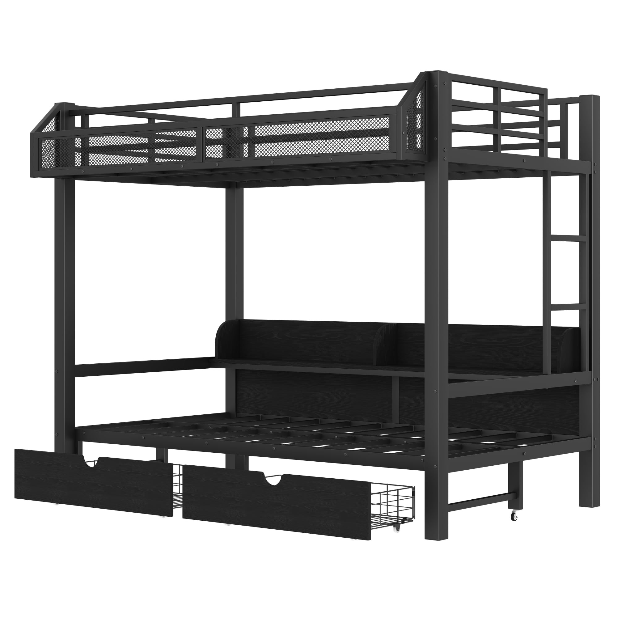 Twin XL over Twin XL Metal Bunk Bed with Storage Shelves and 2 Drawers, Multifunctional Bunk Bed Frame with USB Ports and LED Lights, Lower Bed that can be converted into a sofa