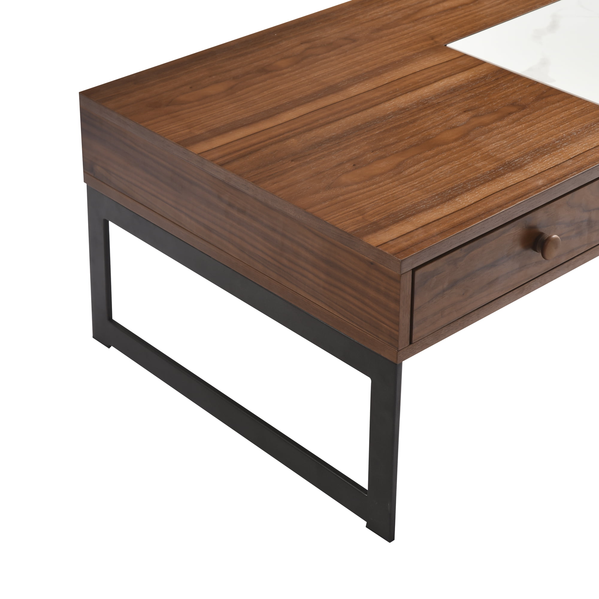Faye Transitional Rectangular Lift-Top Coffee Table in Walnut Finish with Sintered Stone Panel and Black Metal Base