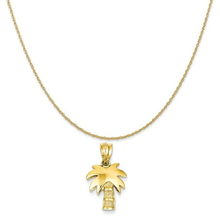 14k Yellow Gold Palm Tree Charm on a 14K Yellow Gold Rope Chain Necklace, 20"