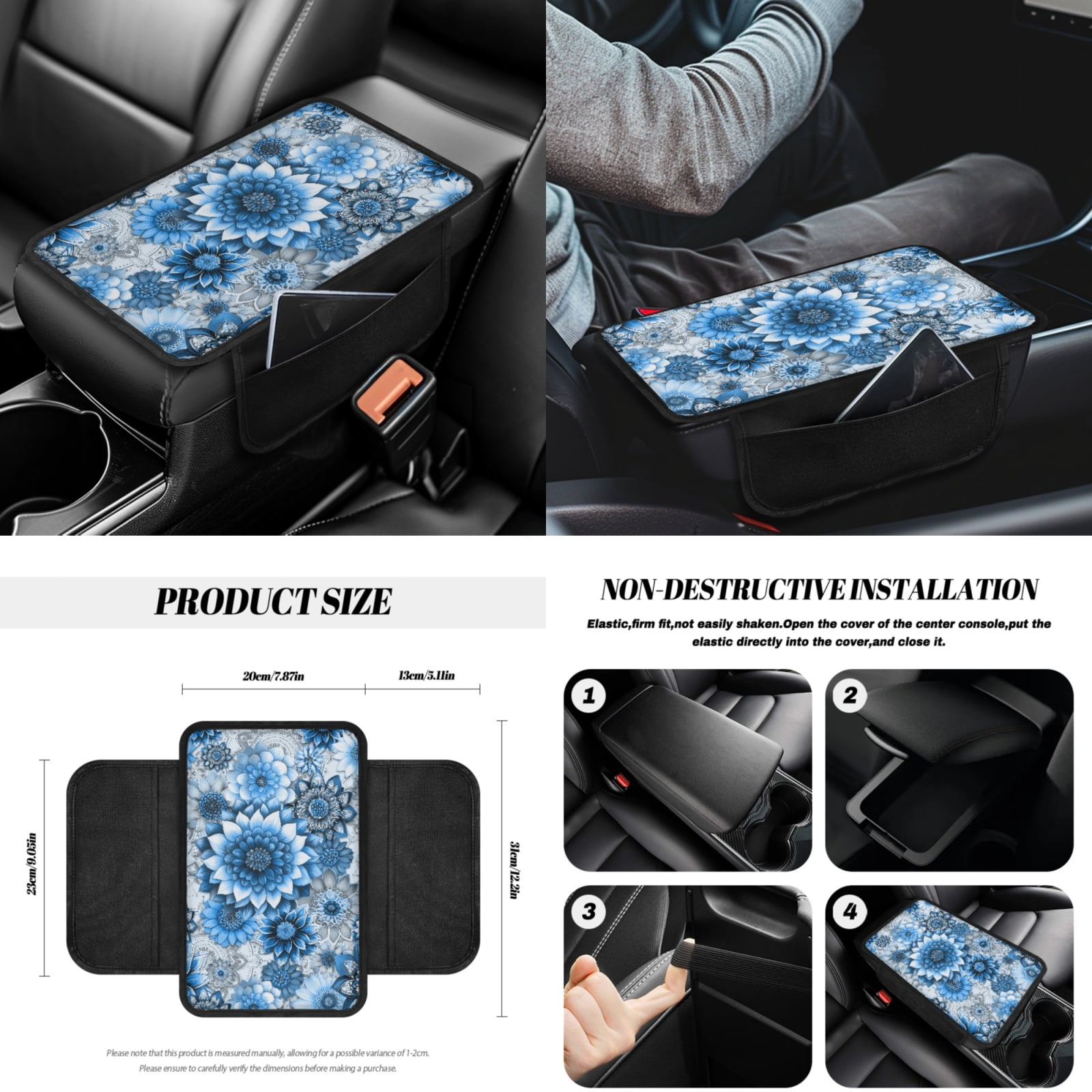 Yuyamidu Blue Dalia Car Seat Cover Set of 14 Boho Steering Wheel Cover Seat Belt Pads Waste Basket Bin Rearview Mirror Cover Cup Holder Center Console Cover Handbrake Cover Gear Shift Cover