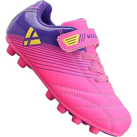 Vizari Loma Hook and Loop Junior Firm Ground Soccer Cleats for Kids – Comfortable, Durable, and Stylish Football Shoes for Boys and Girls, Pink/Purple, 2