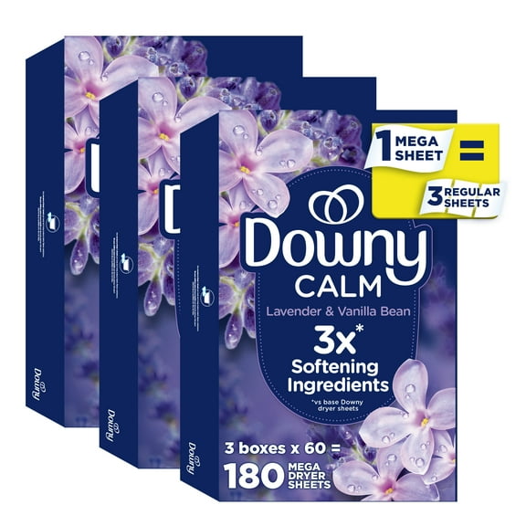 Downy Infusions Calm Mega Fabric Softener Dryer Sheets, Lavender and Vanilla Bean Scent, 180 Count