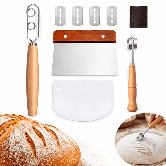 4 Pcs Baking Tools Set, Wooden Danish Dough Whisk, Dough Scraper, Bread Lame with Blades, Supplies for Homemade Fermented Loaf