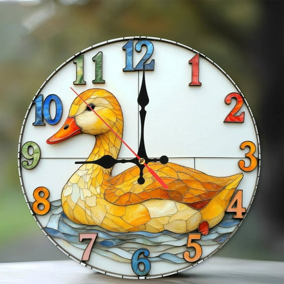 Stained Glass Duck Wall Clock Home Decor Art Piece 10-Inch Silent Wooden Wall Clock, Battery Operated (AA Batteries Not Included), Artistic Home Decor