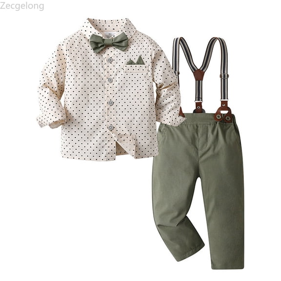 Zecgelong Boys Outfits & Sets Formal Casual Long Sleeve Shirt Suspenders Bow Tie 3 Piece Set For Toddler Kids Summer Elastic Comfortable Dress Suit Boys Formal Sets Long Sleeve for Boys 4-5 Years