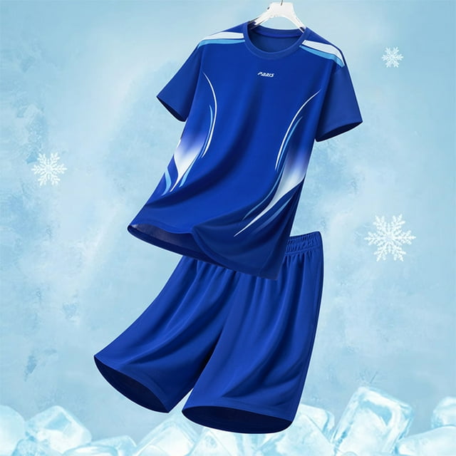 Handshe Men's Summer Casual Solid Color Short - Sleeved Round Neck Elastic Waist Set, Polyester Fashion Two - Piece Outfit