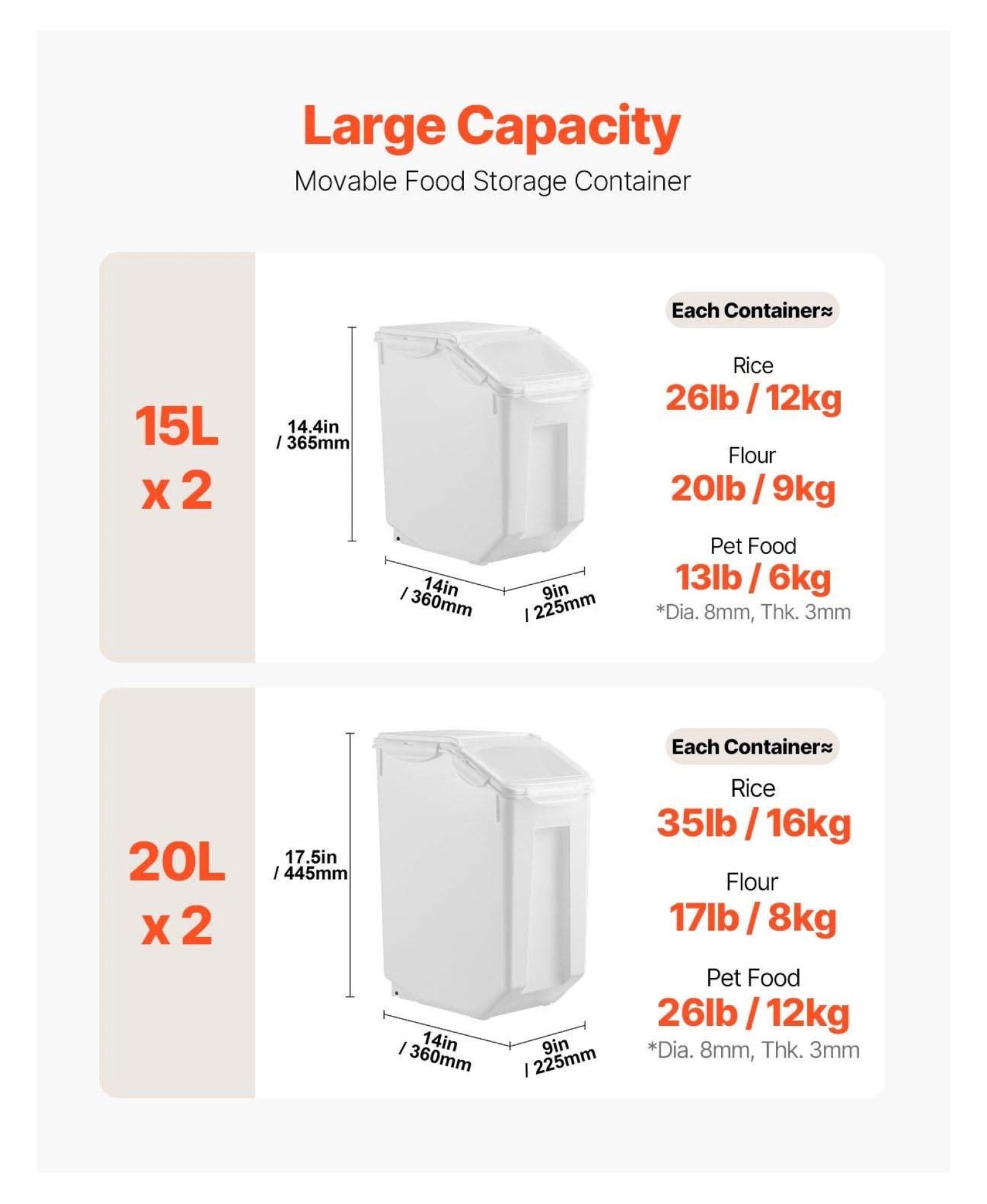 Airtight Food Storage Containers 4-Piece Set - 3.5/4.5 Gal Kitchen Bins - Large Capacity Rice, Pet Food, Dry Goods - Stackable, Wheels