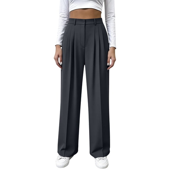 TEAJOPSUU Women Dress Pants Classic Office Trousers Solid Color High Waist Straight Leg Office Work Long Pants A-Dark Gray