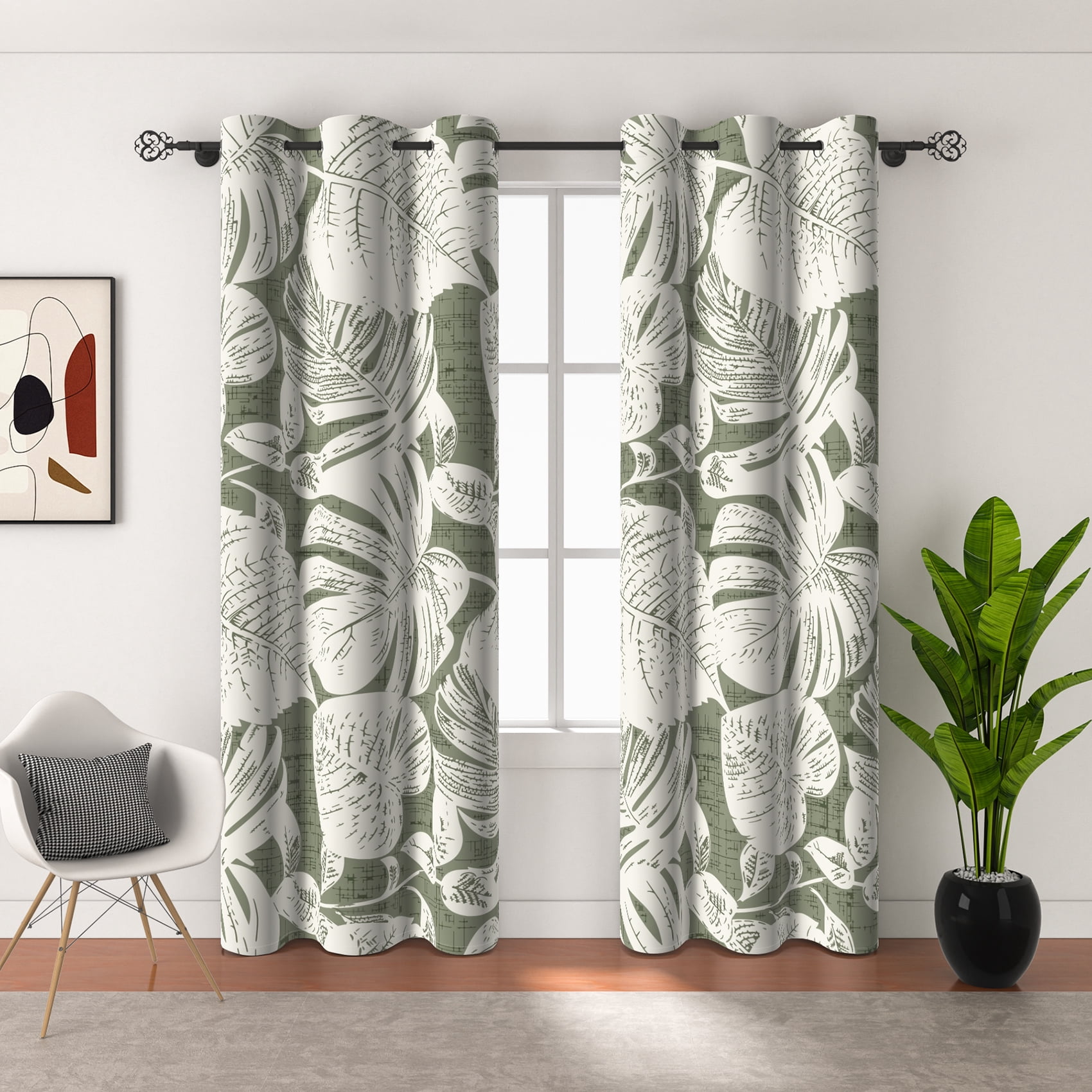 Green Curtains for Living Room,Palm Leaves White Blackout Curtains Drapes for Bedroom Panel Sets, 42x63 Inch