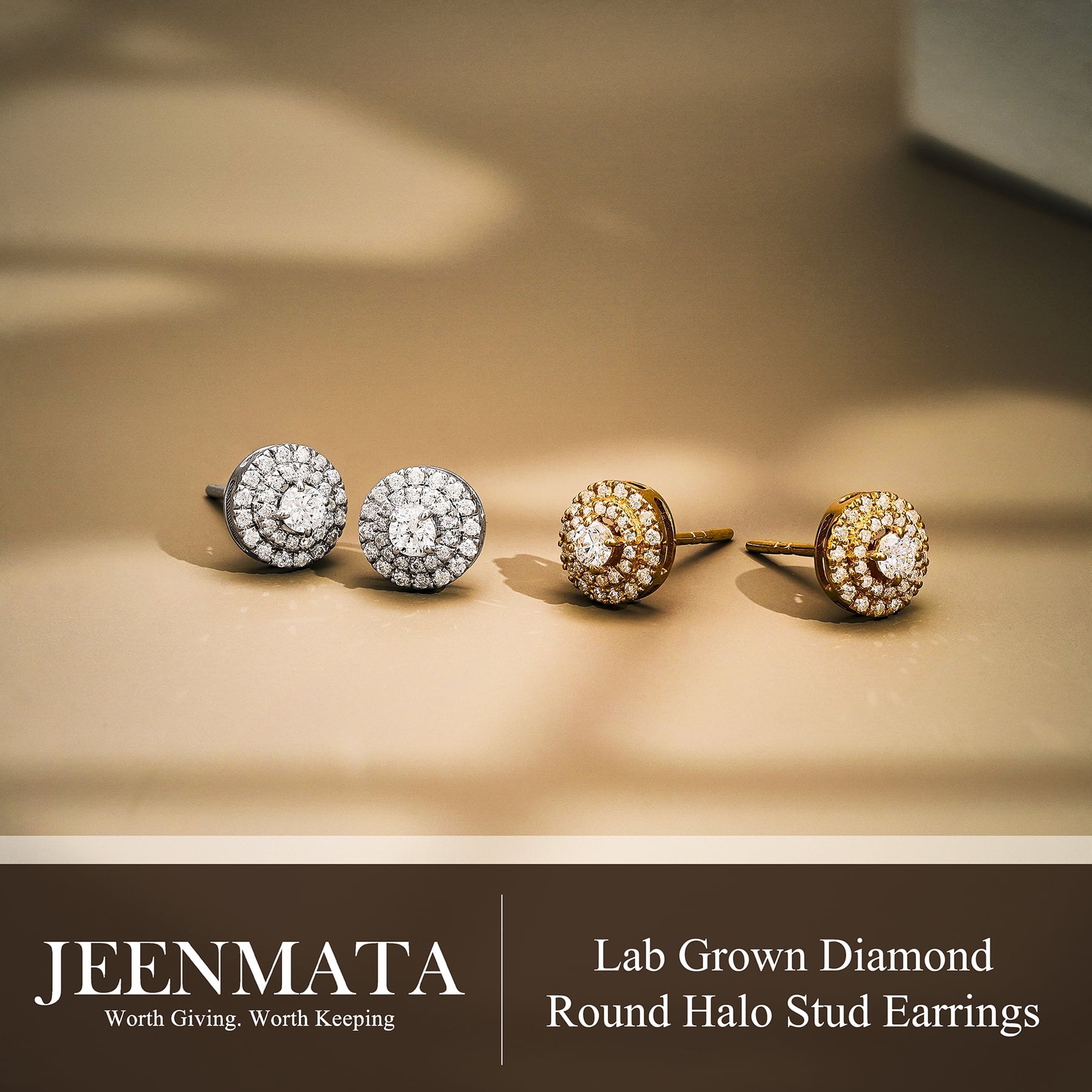 JeenMata Lab Grown Diamond Halo Stud Earrings - Round Cut Stud Earrings for Women in Yellow Gold Plating