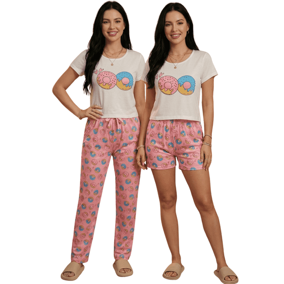 Pijama De 3 Piezas Mujer Pantalon Short Y Playera A Juego