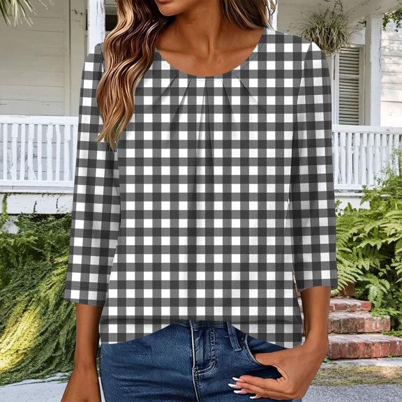 Xdegoge Womens 3/4 Sleeve Tops and Blouses Casual Plaid Print Crewneck Pleated Tops Comfortable Fall Fashion Loose Daily Tees