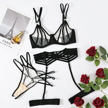 Generic Women s New Lace Mesh Strap Stitched Backless Sexy Lingerie Three-Piece Set 27258