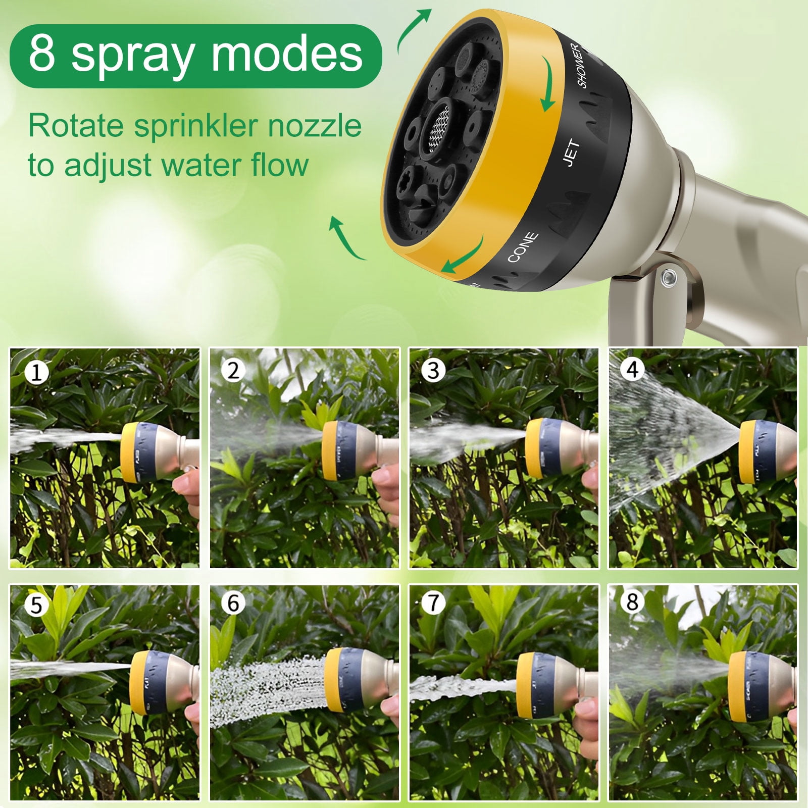 CIVG Garden Hose Spray Nozzle Heavy Duty Metal Water Hose Pipe Sprayer with 8 Adjustable Patterns High Pressure Water Hose Spray Head for Plant Watering Car and Pet Washing