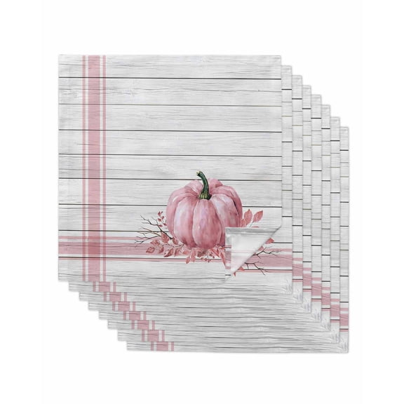 Pink Pumpkin Cloth Napkins Set of 8 Reusable Dinner Napkins, Thanksgiving Fall Vintage White Stripe Cocktail Napkin Washable Table Napkins for Wedding/Holiday Party/Baby Shower 20"x20"