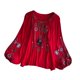 thumbnail image 2 of Blusa bordada para mujer, Tops informales con cuello en V, Tops bohemios elegantes bordados florales Rojo, 2 of 10
