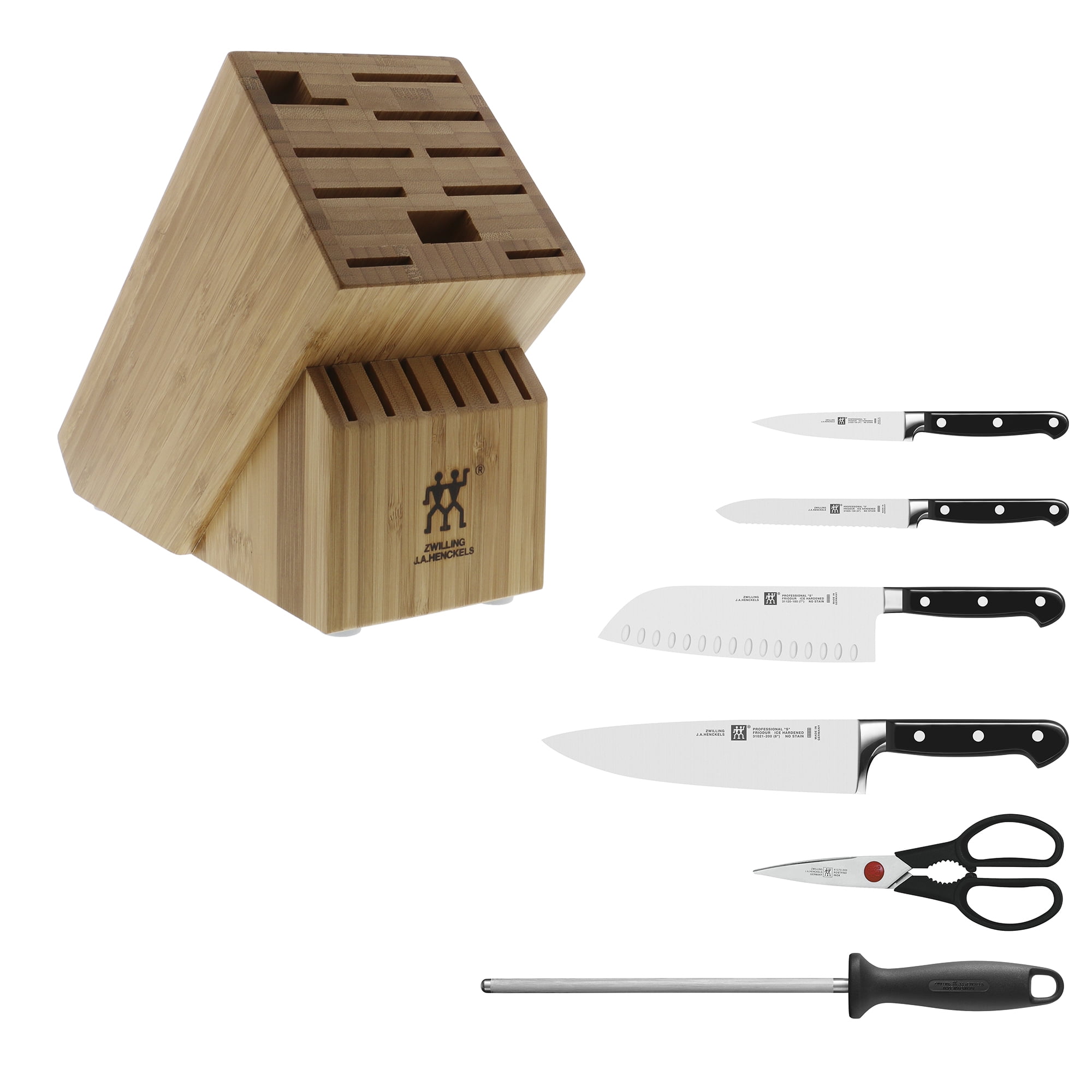 ZWILLING Professional S Knife Set with Block, Chef’s Knife, Serrated Utility Knife, 7 Piece, Bamboo