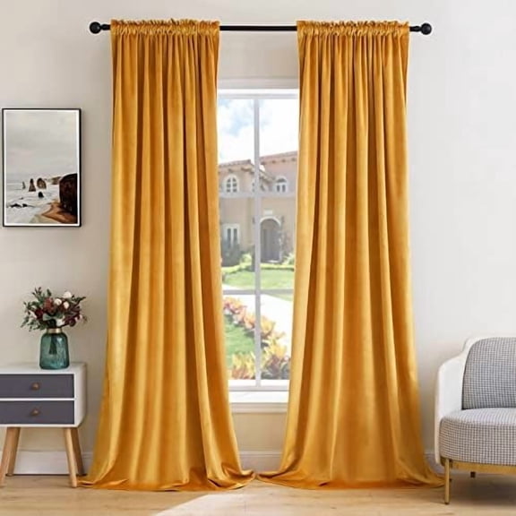 Mustard Yellow Velvet Curtains Thermal Insulated Blackout Curtain Fall Drapes for Bedroom Living Room Darkening 72 Inches Long Curtains Panels Rod Pocket Set of 2